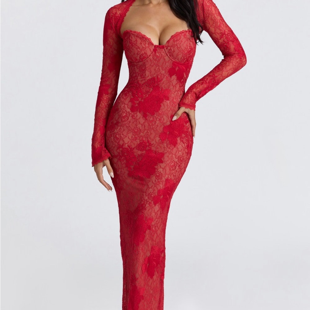 House of CB Red Lace Long Sleeve Dress